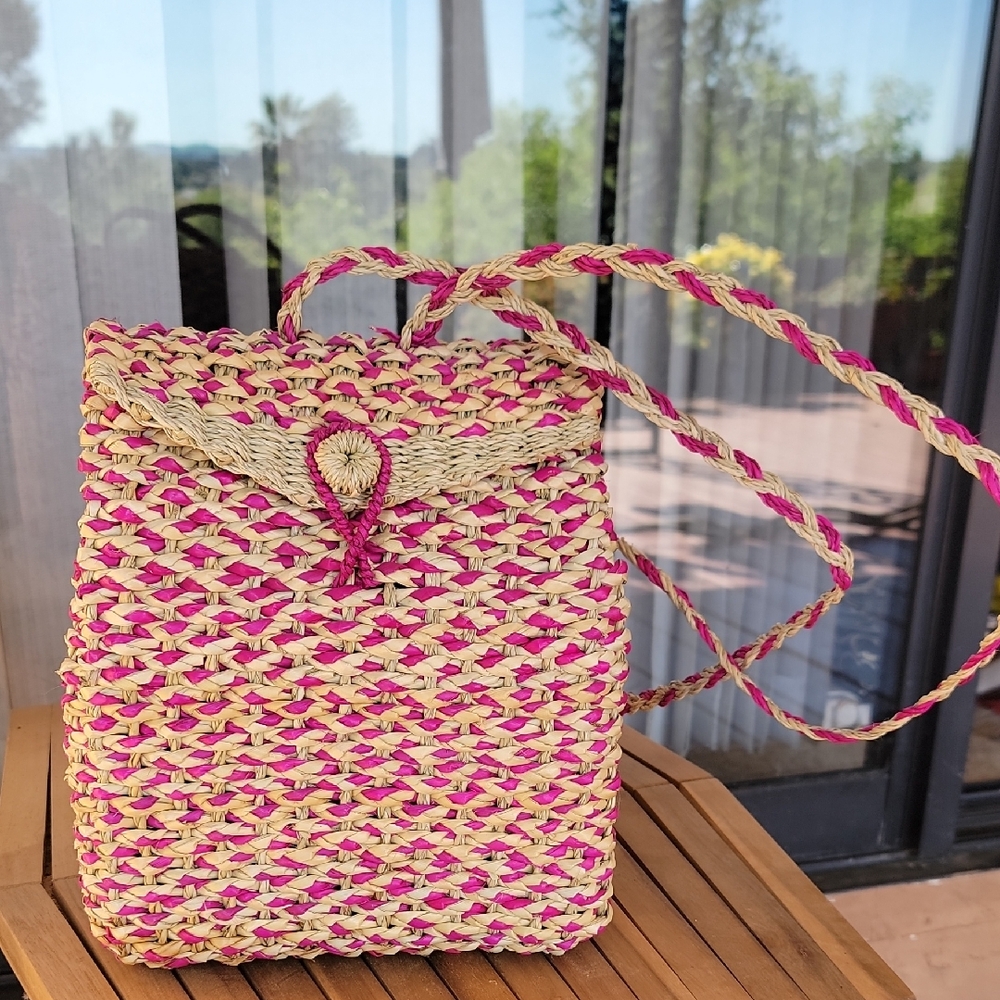 Handwoven Pink and Cream Straw Backpack